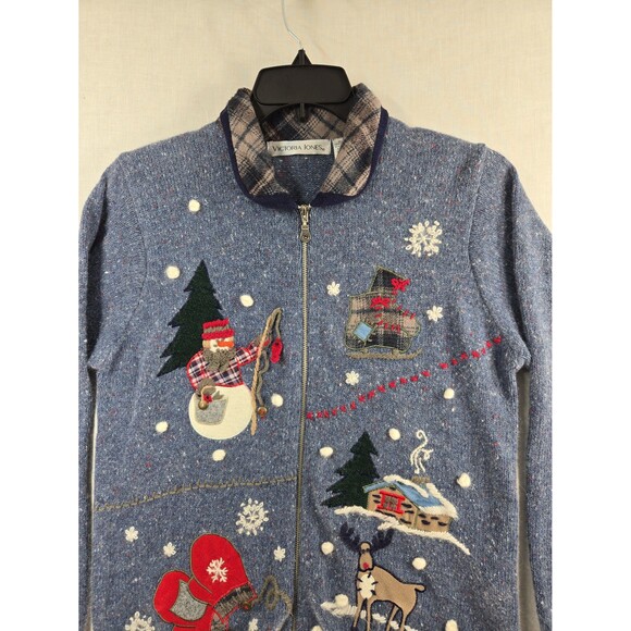 Vtg Christmas Sweater Victoria Jones Cardigan Zip-Up Blue Angora Snowman 90s Med - Picture 2 of 8